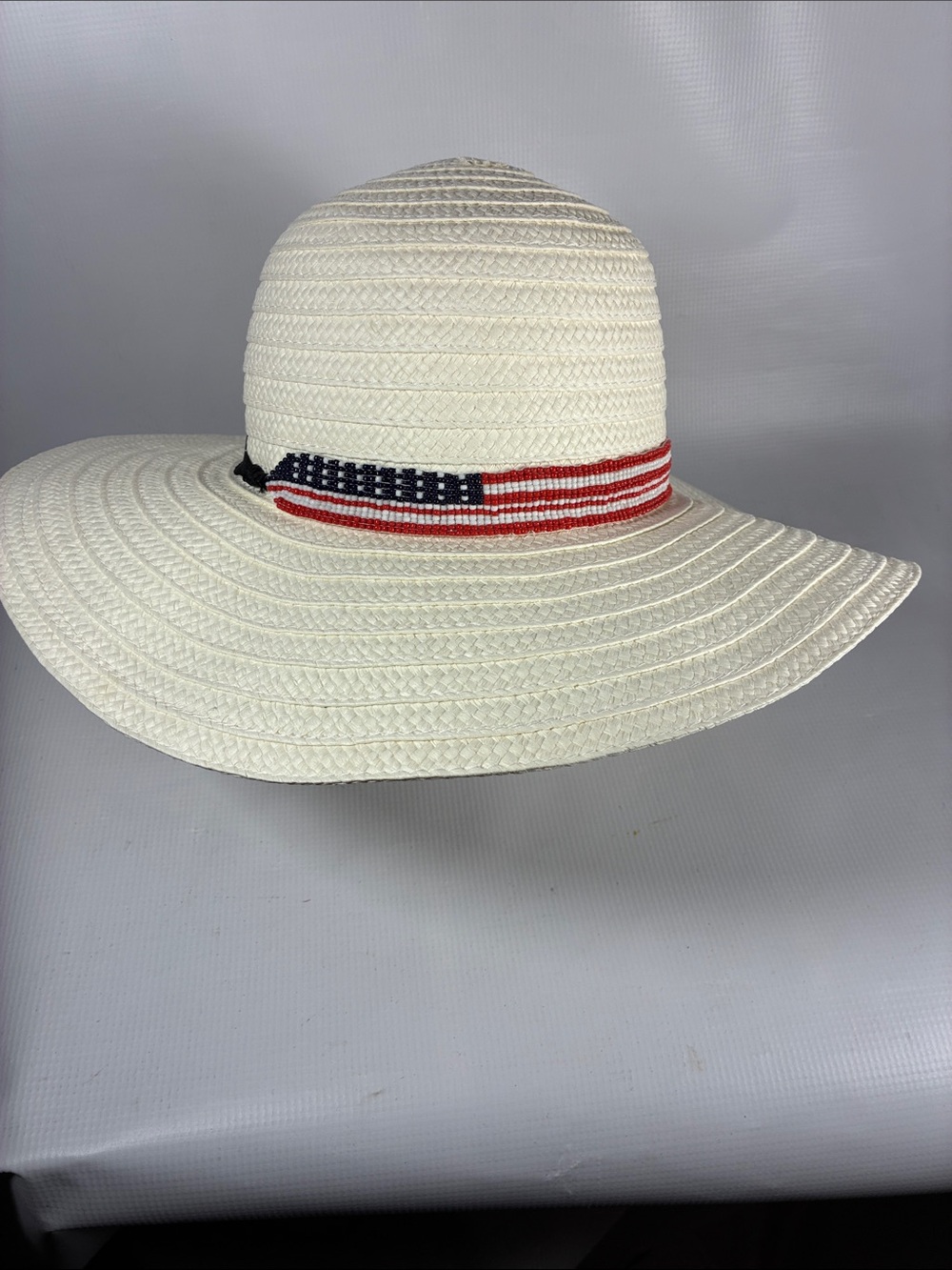 Wide Brim Straw Sun Hat with American Flag Band - White